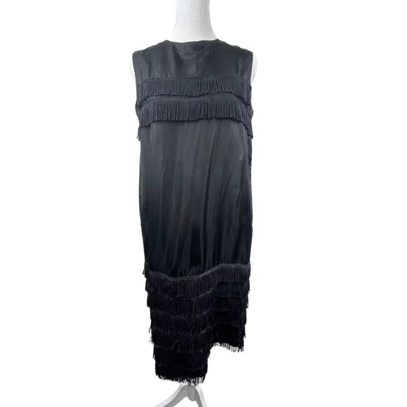 VTG 60s Black Satin Fringe Flapper Dress Size M Handmade Disco Hippy Whimsigoth - Picture 1 of 8
